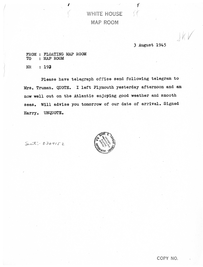 Telegram from the Floating Map Room to the Map Room [NR 192]