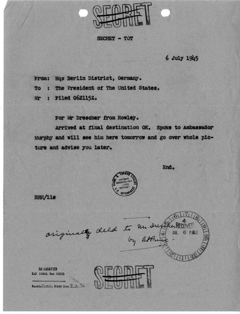 Memorandum from Headquarters Berlin District, Germany, to President Harry S. Truman