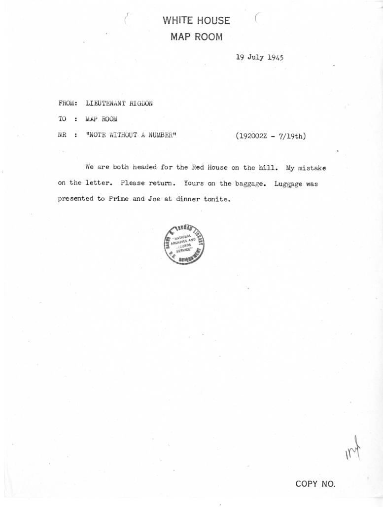 Telegram from Lieutenant William Rigdon to the Map Room