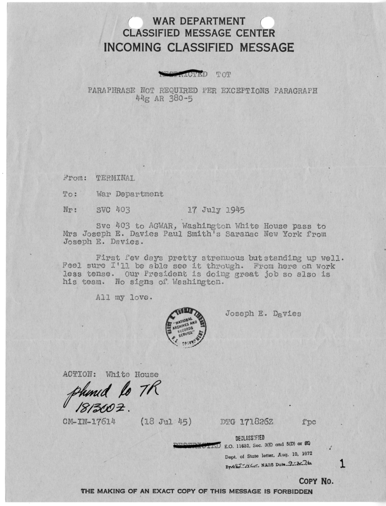 Telegram from Terminal to War Department