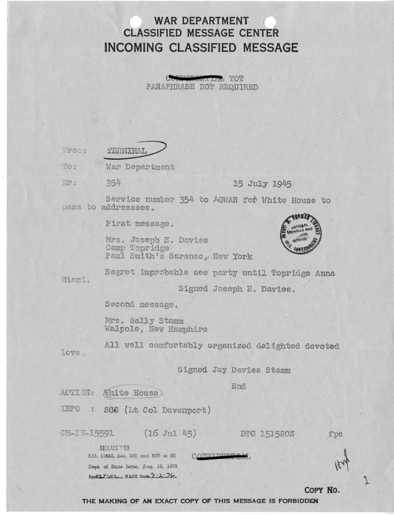 Memorandum from TERMINAL to Adjutant General War Department (AGWAR) [NR 354]