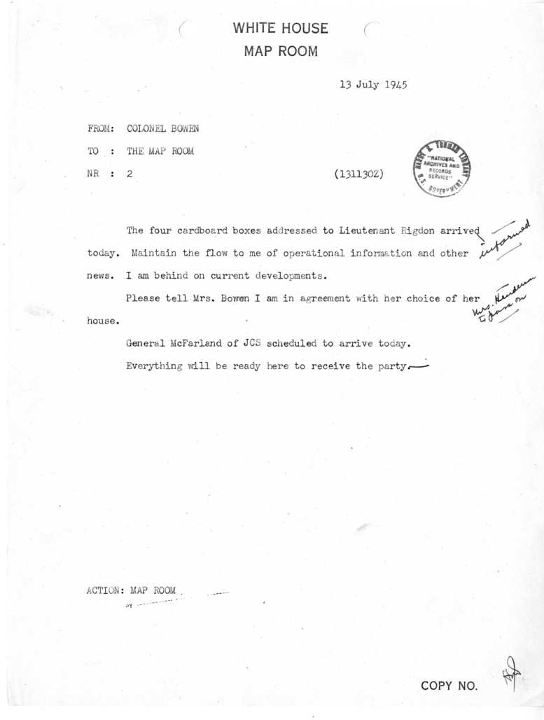 Memorandum from Colonel Bowen to the White House Map Room [NR 2]