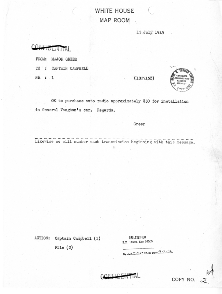 Memorandum from Major Greer to Captain Campbell [NR 1]