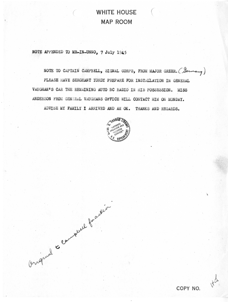 Memorandum from Major Greer to Captain Campbell