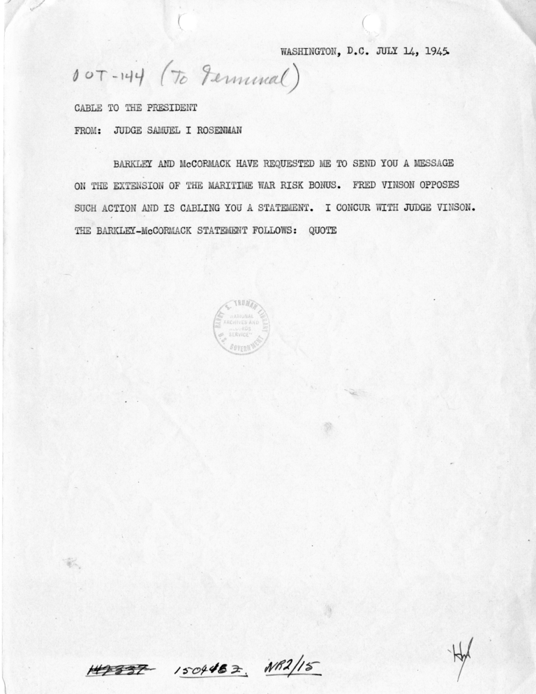 Telegram from Judge Samuel I. Rosenman to President Harry S. Truman [MR-OUT-144]