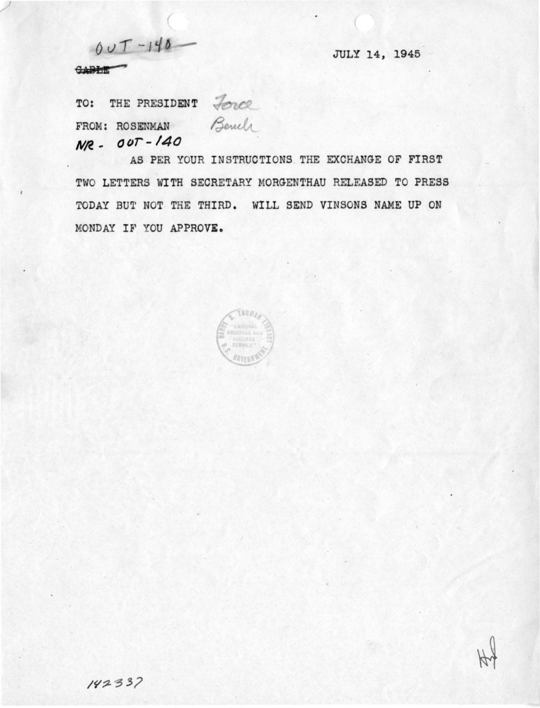 Telegram from Samuel I. Rosenman to Harry S. Truman [OUT-140]
