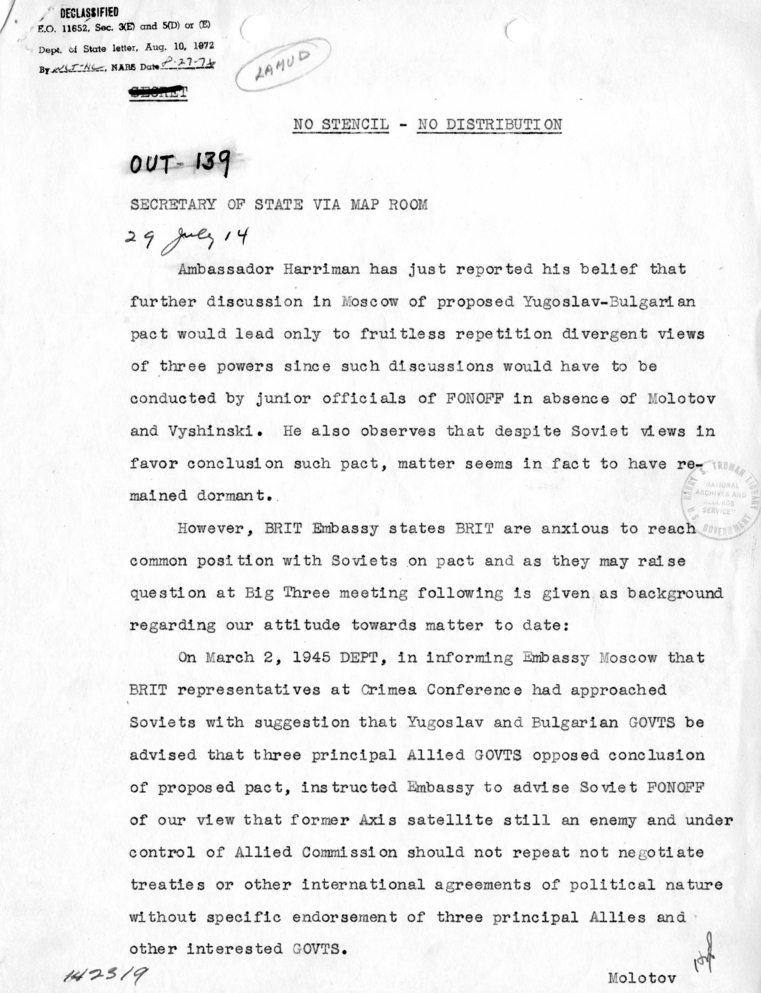 Telegram from Acting Secretary of State Joseph Grew to Secretary of State James Byrnes [MR-OUT-139]