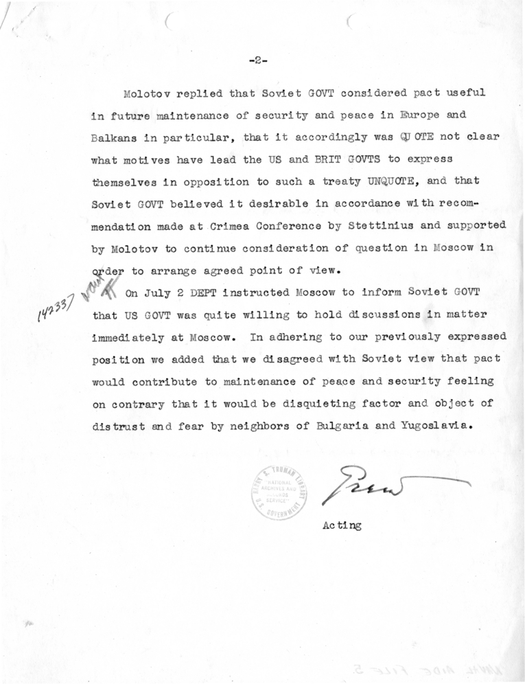 Telegram from Acting Secretary of State Joseph Grew to Secretary of State James Byrnes [MR-OUT-139]
