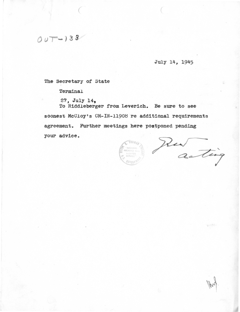 Telegram from Acting Secretary of State Joseph Grew to Secretary of State James Byrnes [OUT-133]