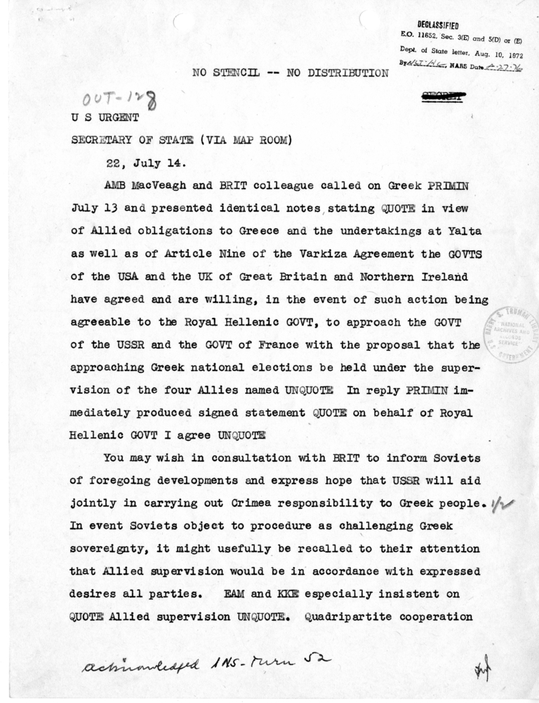 Telegram from Acting Secretary of State Joseph Grew to Secretary of State James Byrnes [OUT-128]