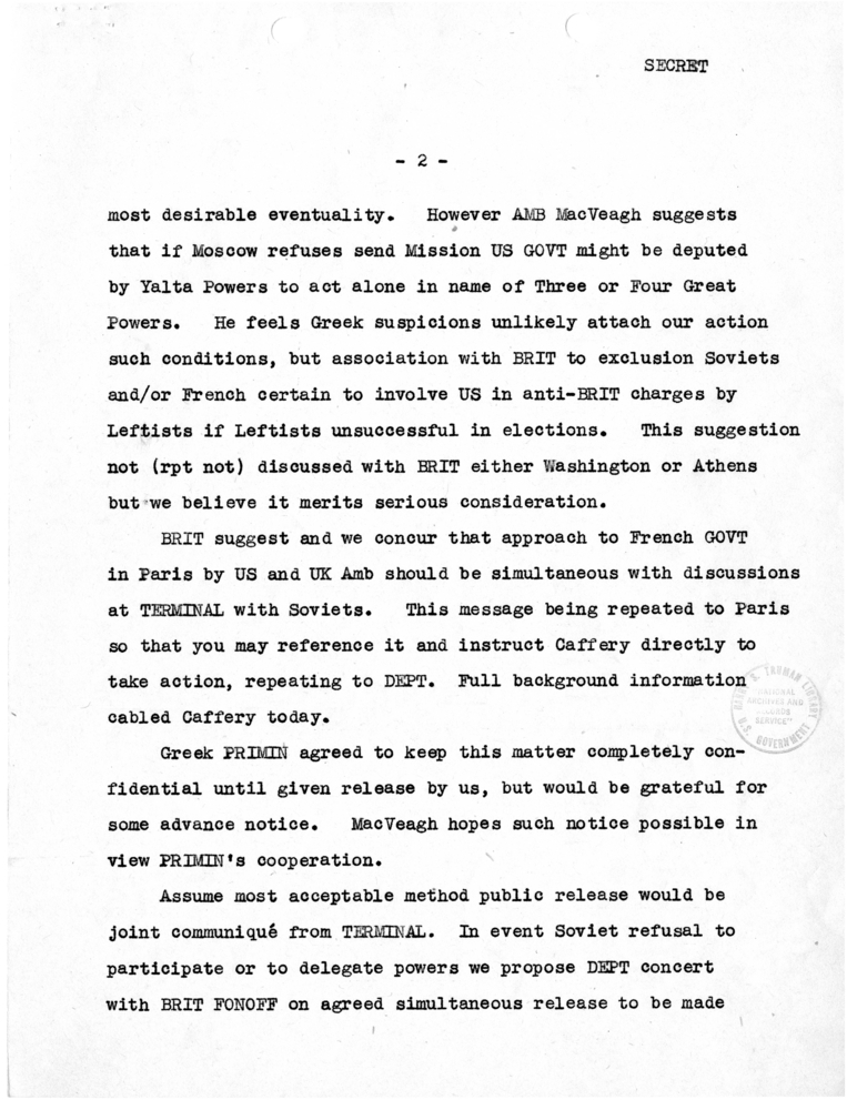 Telegram from Acting Secretary of State Joseph Grew to Secretary of State James Byrnes [OUT-128]