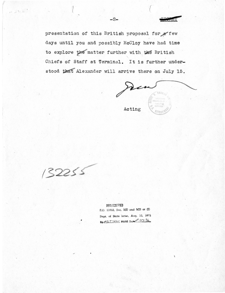 Telegram from Acting Secretary of State Joseph Grew to Secretary of State James Byrnes [OUT-121]