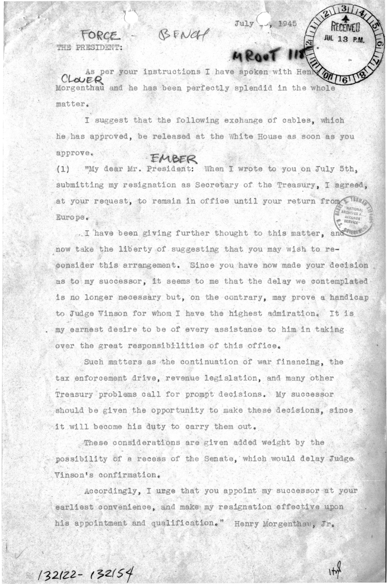 Telegram from Samuel Rosenman to President Harry S. Truman [MR-OUT-118]