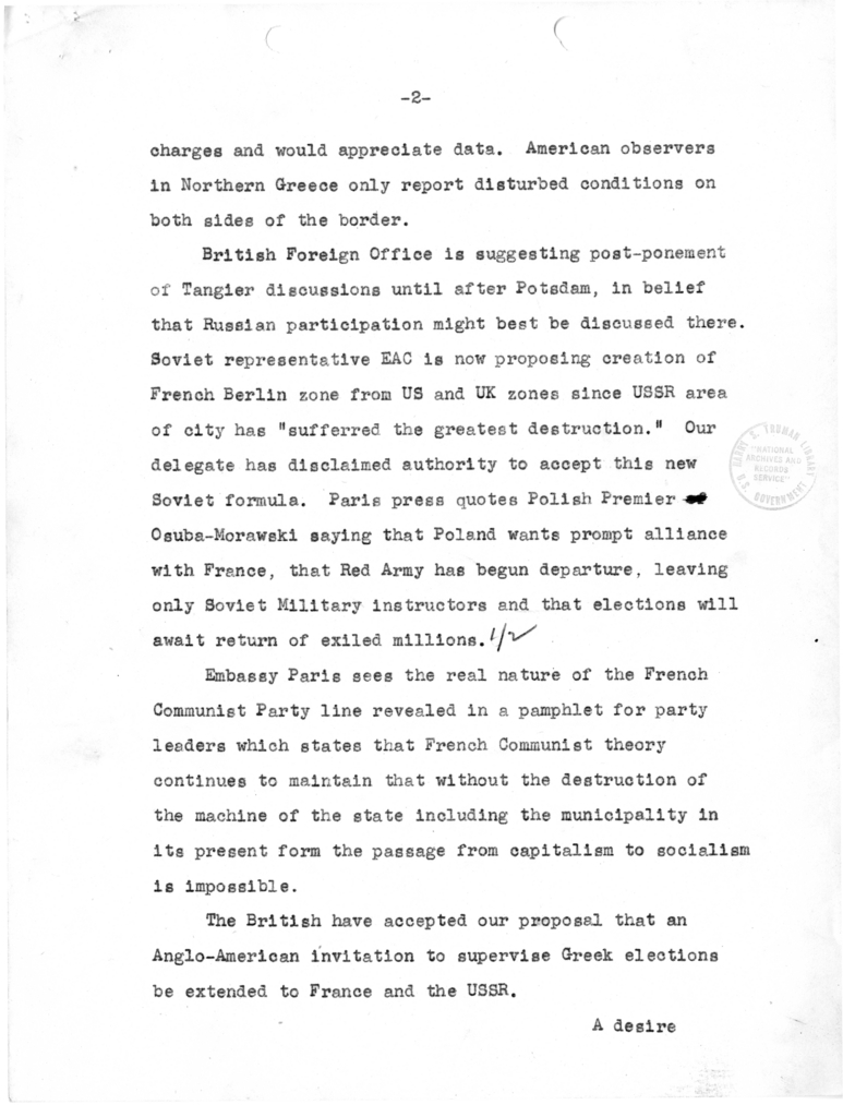 Memorandum from Acting Secretary of State Joseph Grew to Secretary of State James Byrnes [OUT-112]