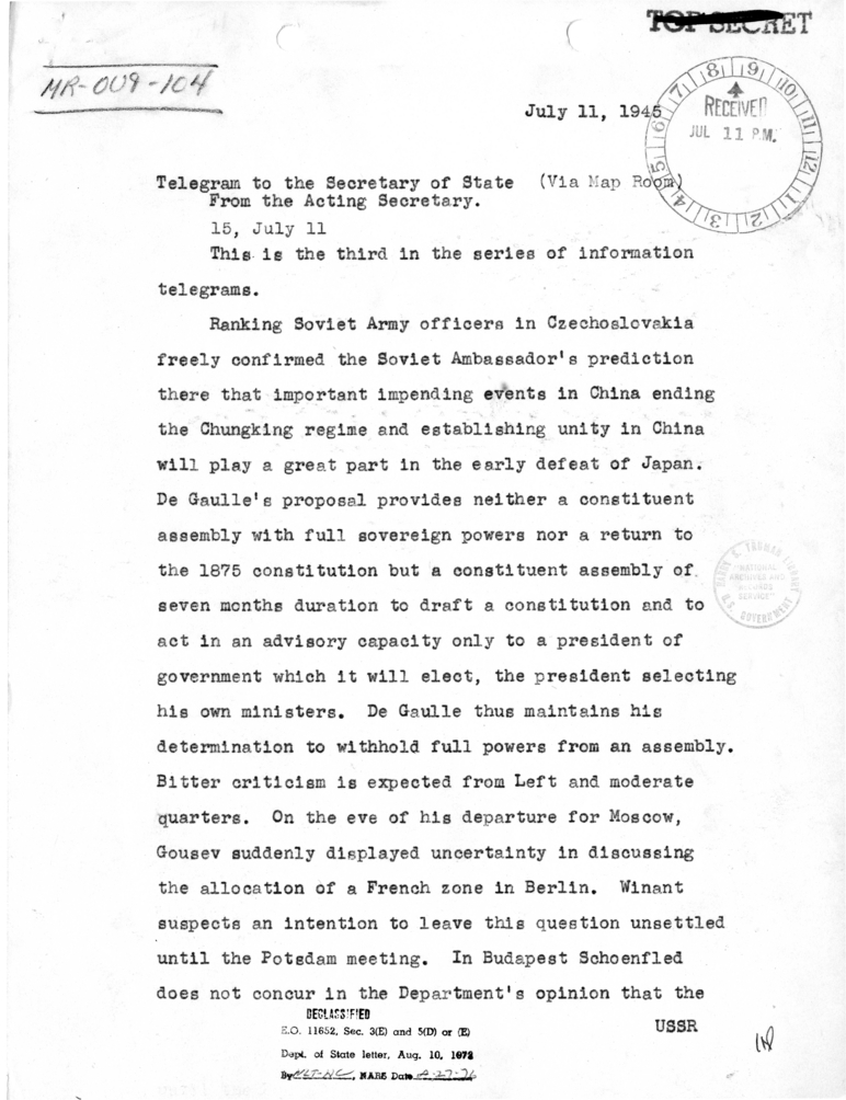 Telegram from Acting Secretary of State Joseph Grew to Secretary of State James Byrnes [MR-OUT-104]