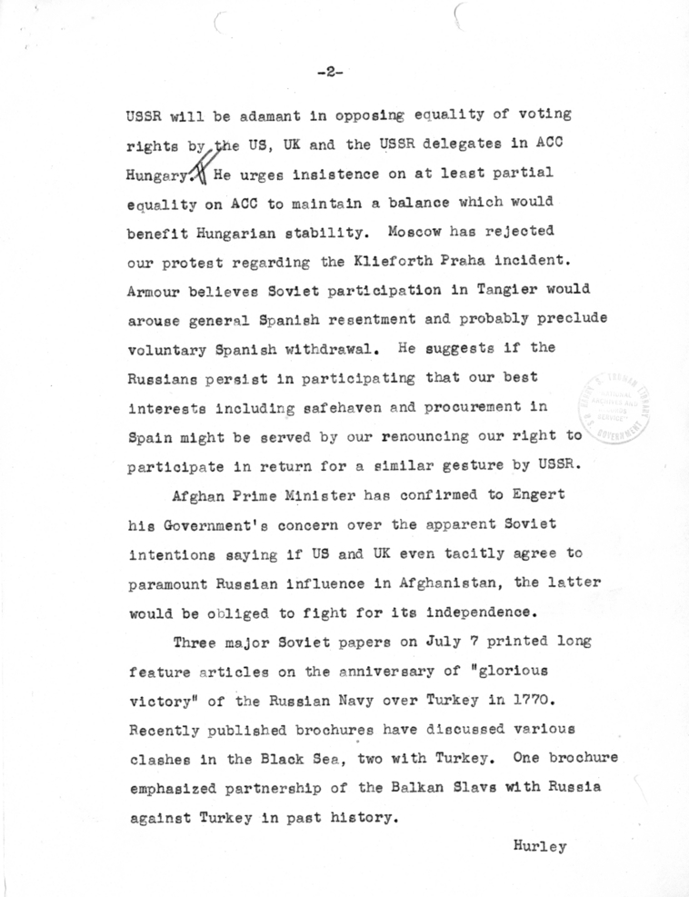 Telegram from Acting Secretary of State Joseph Grew to Secretary of State James Byrnes [MR-OUT-104]