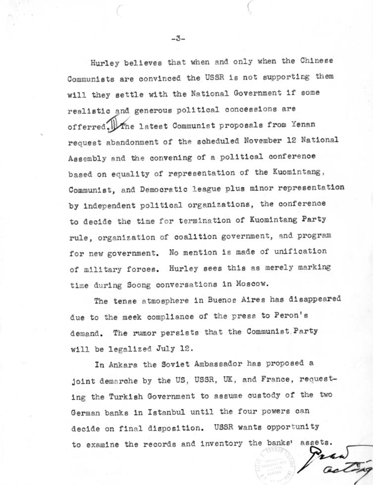 Telegram from Acting Secretary of State Joseph Grew to Secretary of State James Byrnes [MR-OUT-104]