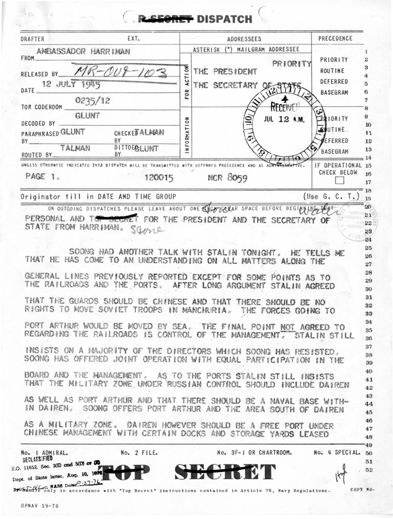 Memorandum from Acting Secretary of State Joseph Grew to Secretary of State James Byrnes [MR-OUT-103]