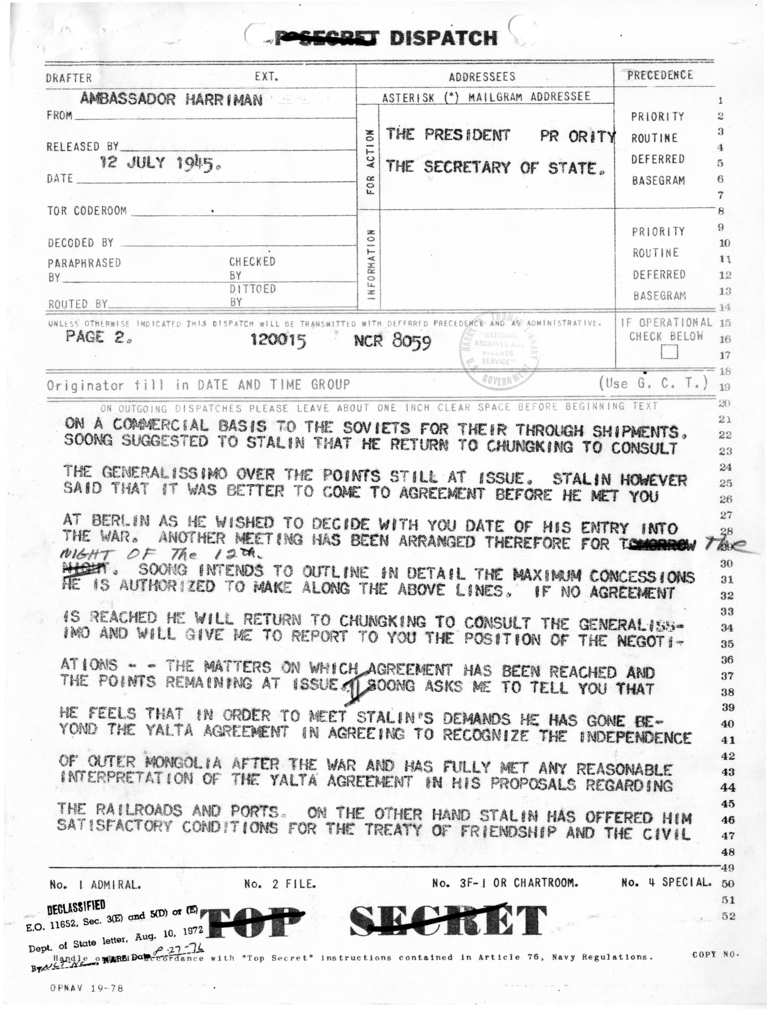 Memorandum from Acting Secretary of State Joseph Grew to Secretary of State James Byrnes [MR-OUT-103]