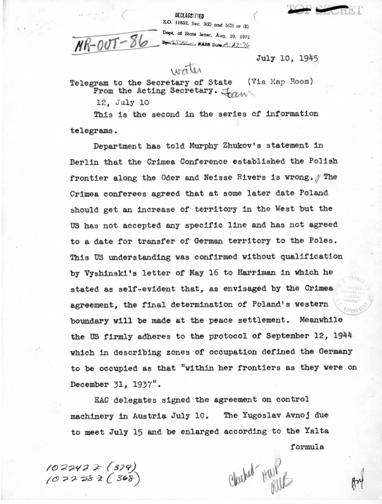 Telegram from Acting Secretary of State Joseph Grew to Secretary of State James Byrnes [MR-OUT-86]