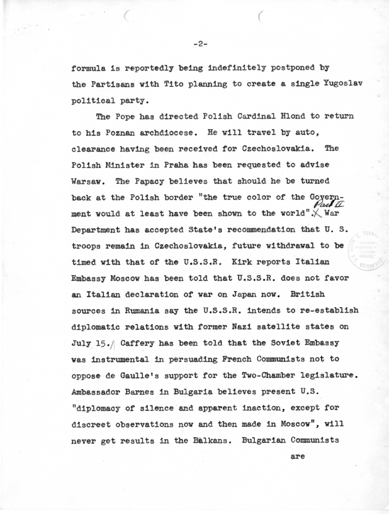 Telegram from Acting Secretary of State Joseph Grew to Secretary of State James Byrnes [MR-OUT-86]