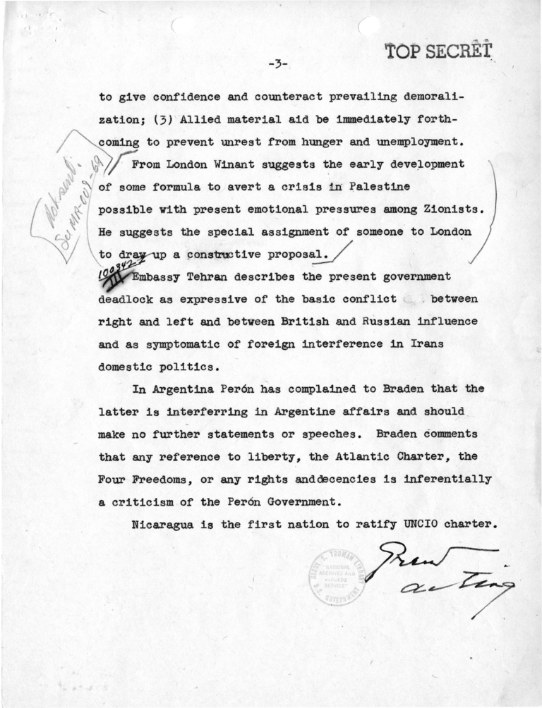 Telegram from Acting Secretary of State Joseph Grew to Secretary of State James Byrnes [MR-OUT-77]