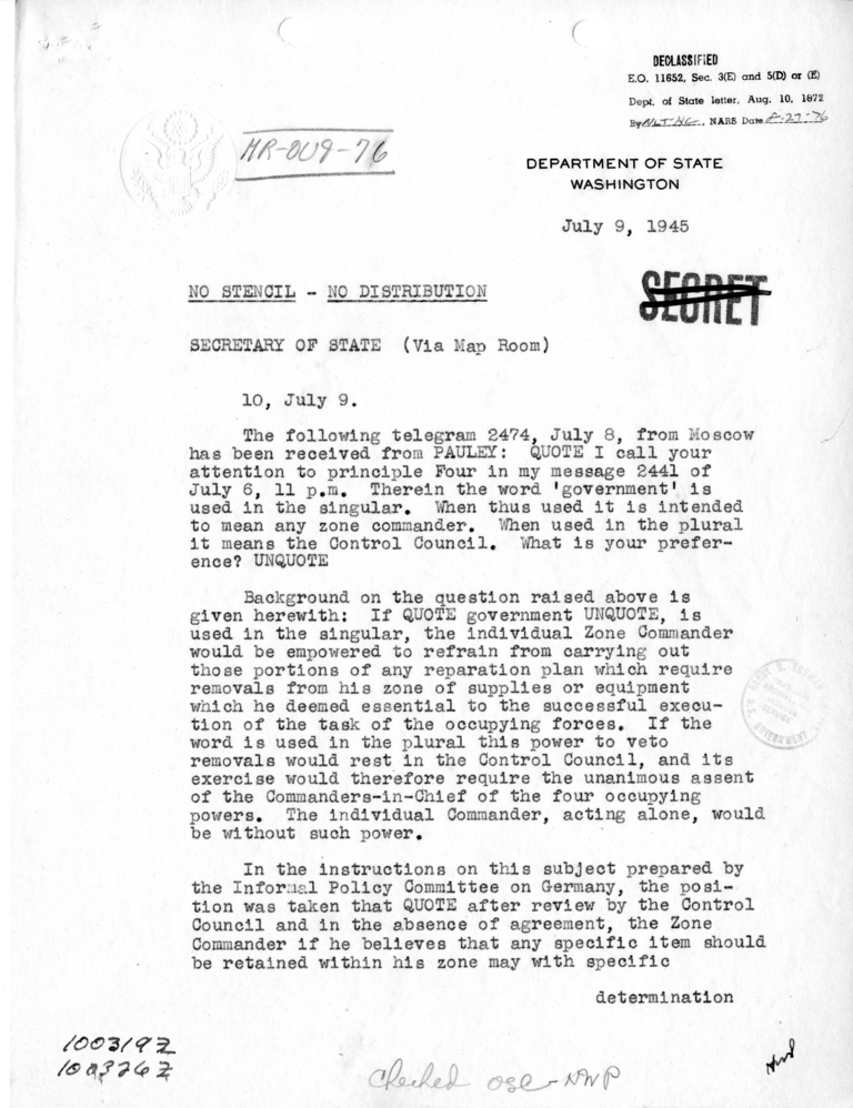 Telegram from Acting Secretary of State Joseph Grew to Secretary of State James Byrnes [MR-OUT-76]