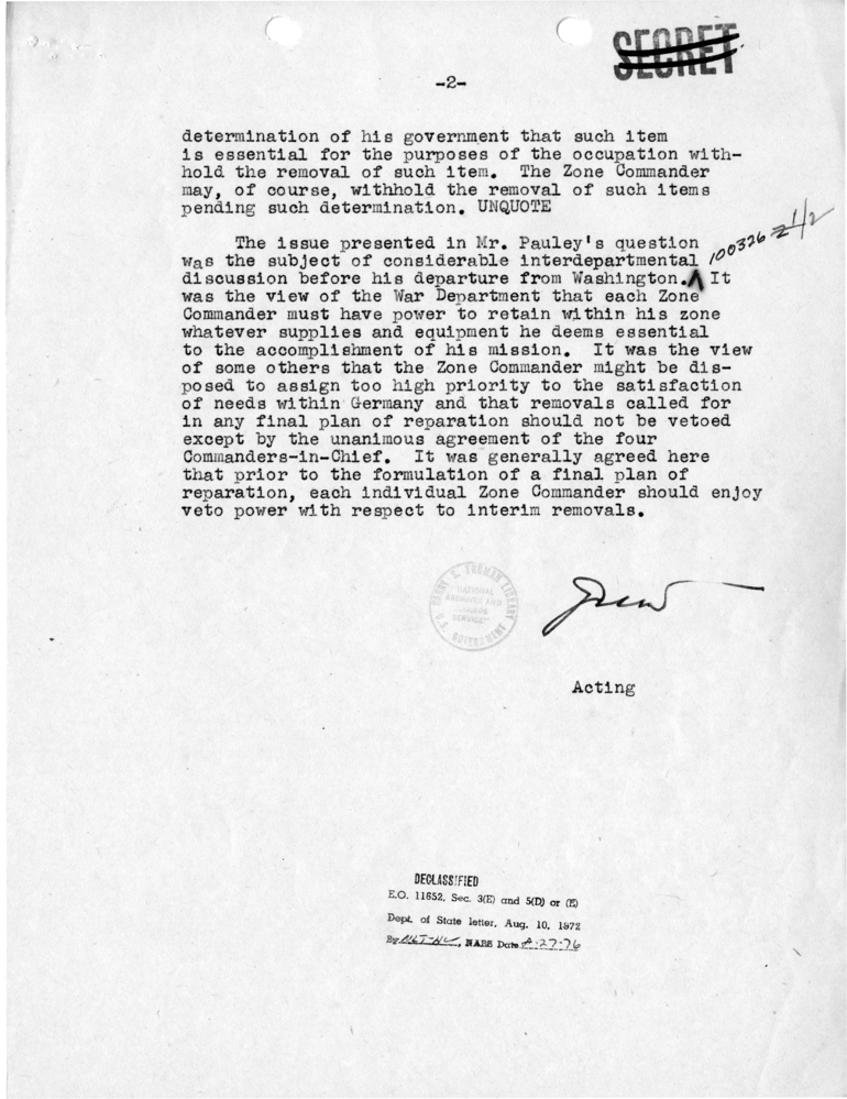 Telegram from Acting Secretary of State Joseph Grew to Secretary of State James Byrnes [MR-OUT-76]