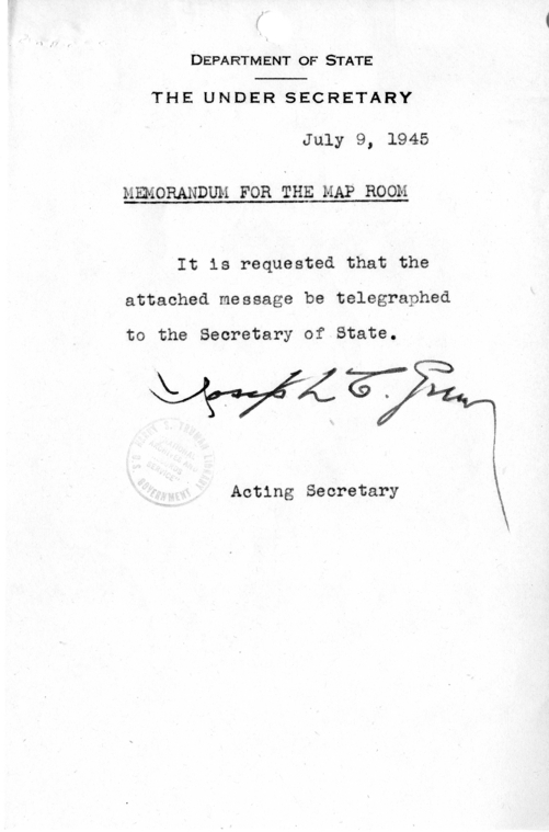 Telegram from Acting Secretary of State Joseph Grew to Secretary of State James Byrnes [MR-OUT-76]