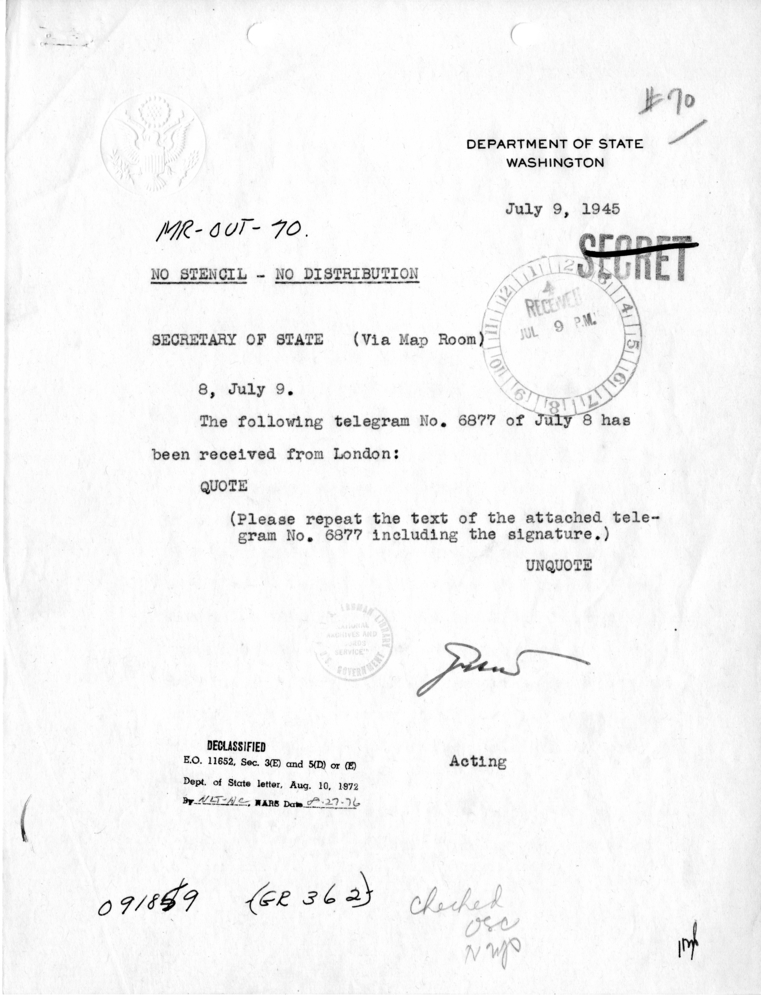 Telegram from Acting Secretary of State Joseph Grew to Secretary of State James Byrnes [MR-OUT-70]