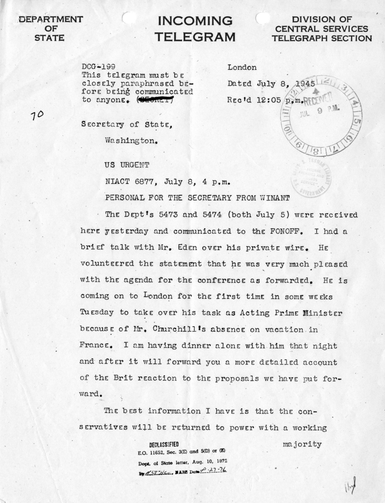 Telegram from Acting Secretary of State Joseph Grew to Secretary of State James Byrnes [MR-OUT-70]