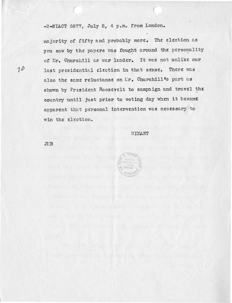 Telegram from Acting Secretary of State Joseph Grew to Secretary of State James Byrnes [MR-OUT-70]