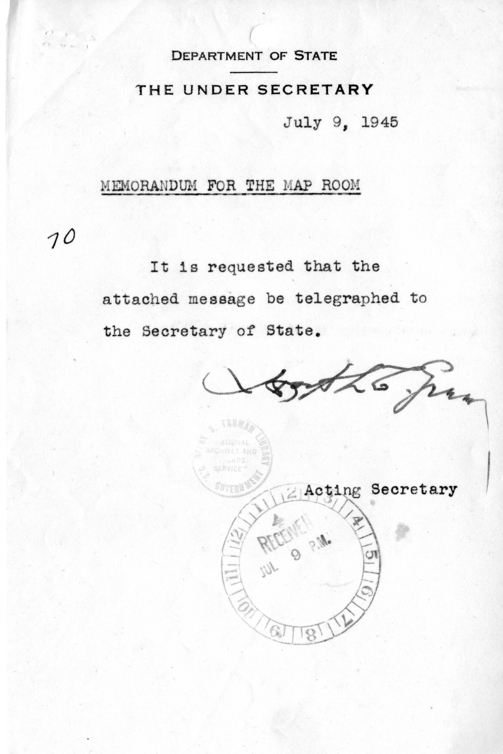 Telegram from Acting Secretary of State Joseph Grew to Secretary of State James Byrnes [MR-OUT-70]
