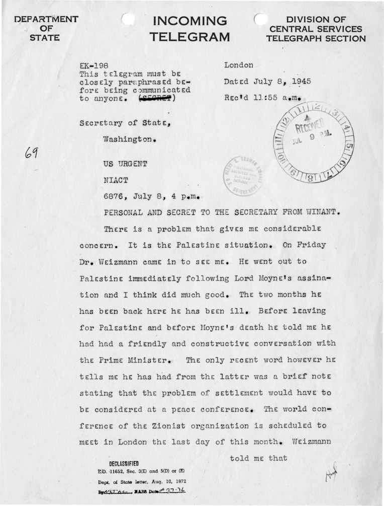 Telegram from Acting Secretary of State Joseph Grew to Secretary of State James Byrnes