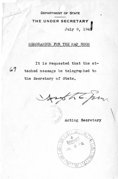 Telegram from Acting Secretary of State Joseph Grew to Secretary of State James Byrnes