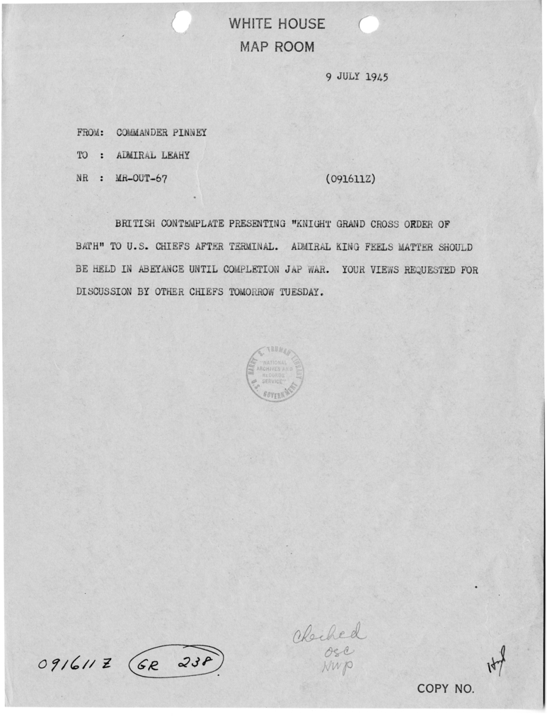 Telegram from Commander Pinney to Admiral William D. Leahy [MR-OUT-67]
