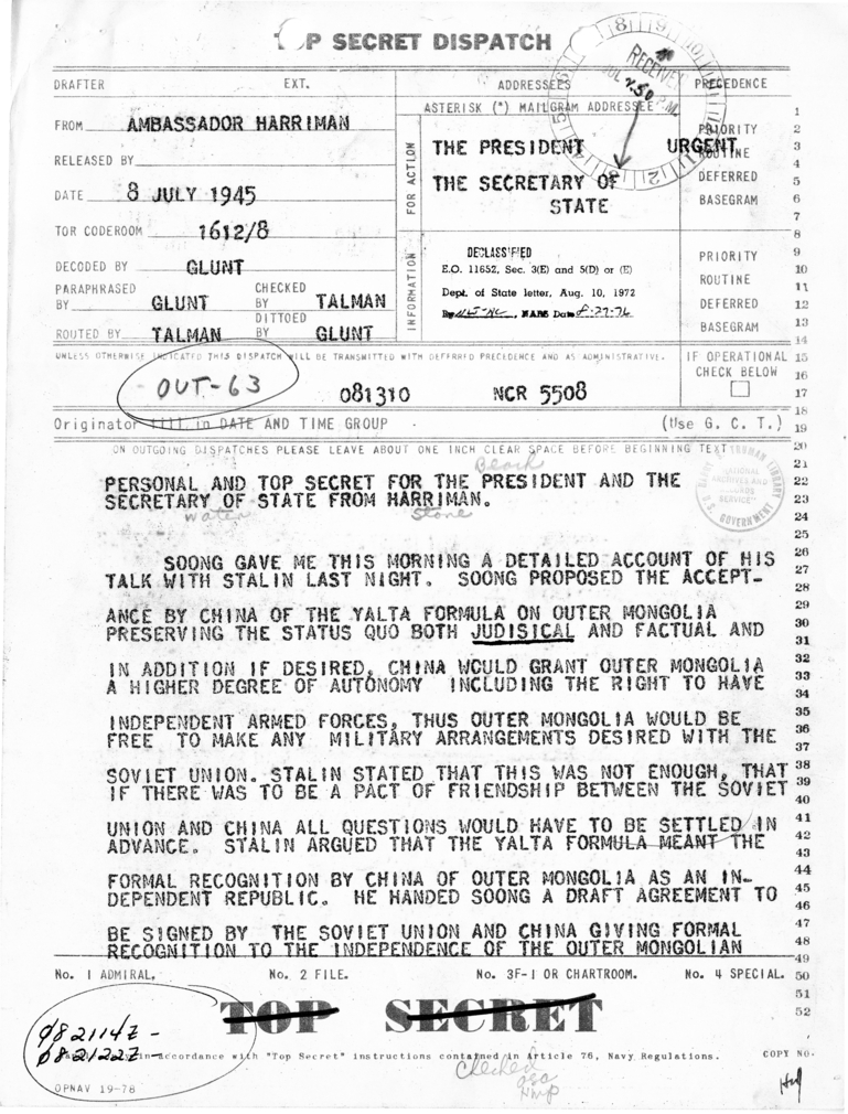 Telegram from Averell Harriman to President Harry S. Truman and Secretary of State James Byrnes [OUT-63]