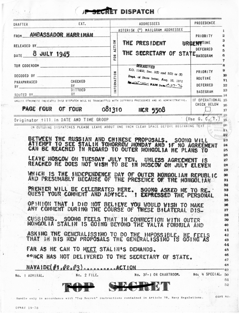 Telegram from Averell Harriman to President Harry S. Truman and Secretary of State James Byrnes [OUT-63]