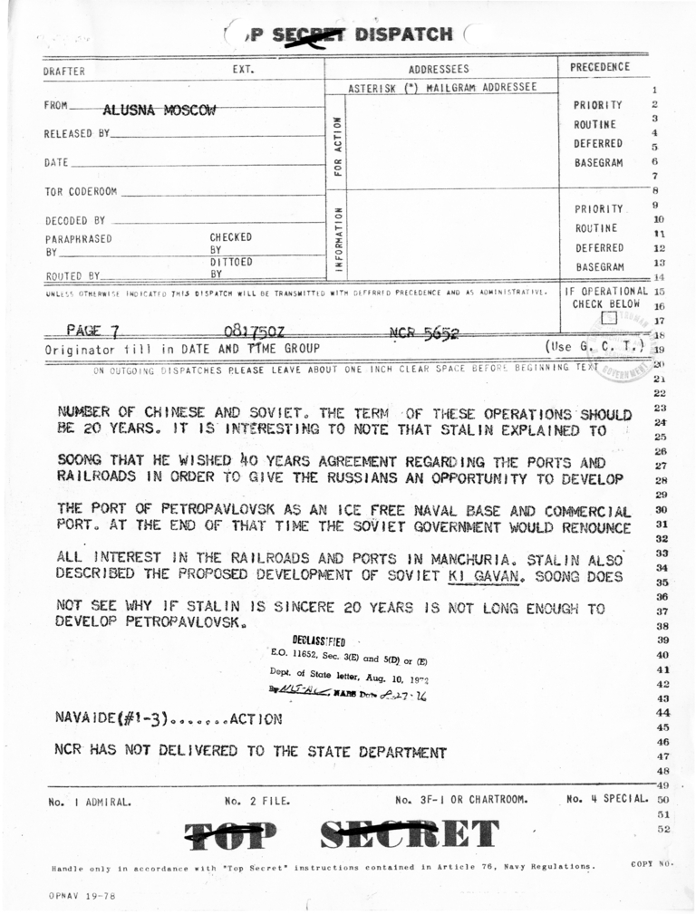 Telegram from Averell Harriman to President Harry S. Truman and Secretary of State James Byrnes [OUT-64]