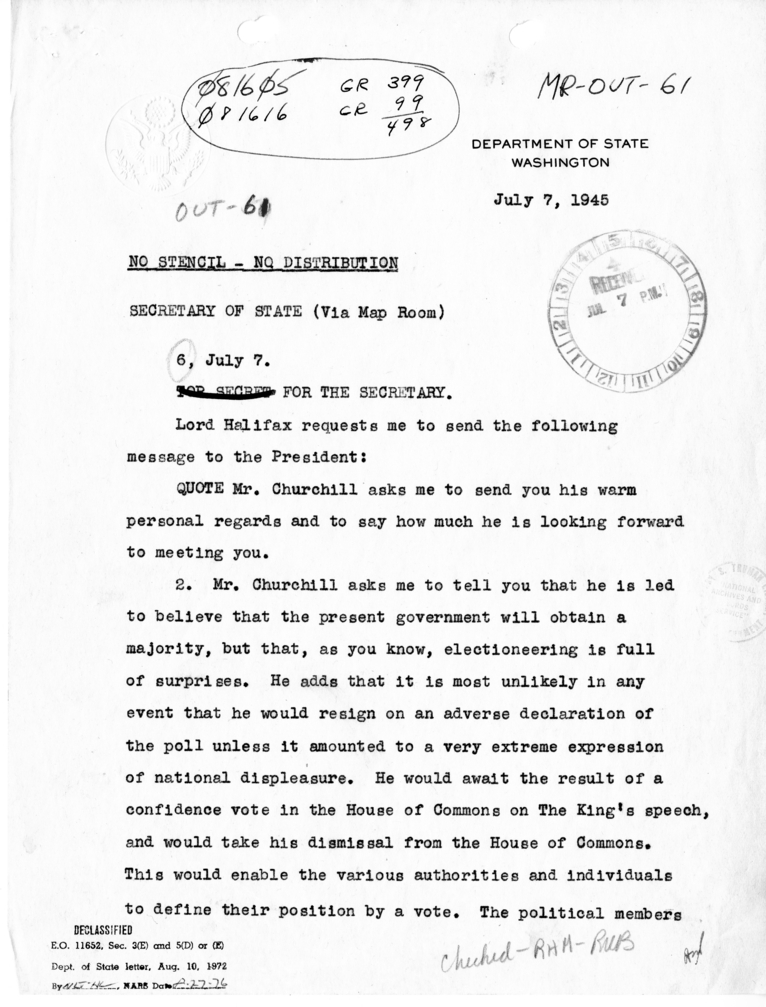 Telegram from Acting Secretary of State Joseph Grew to Secretary of State James Byrnes [OUT-61]