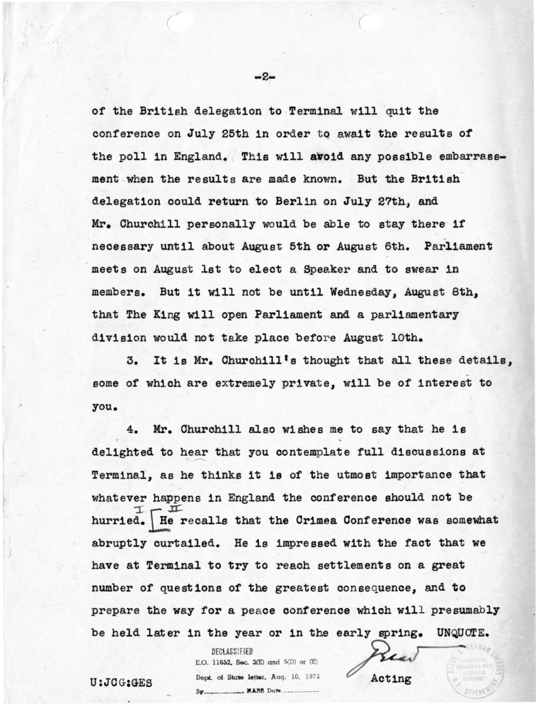 Telegram from Acting Secretary of State Joseph Grew to Secretary of State James Byrnes [OUT-61]