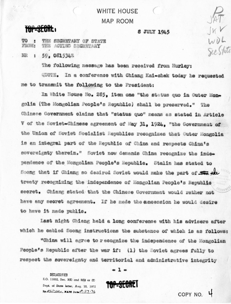 Telegram from Acting Secretary of State Joseph Grew to Secretary of State James Byrnes [NR 59]