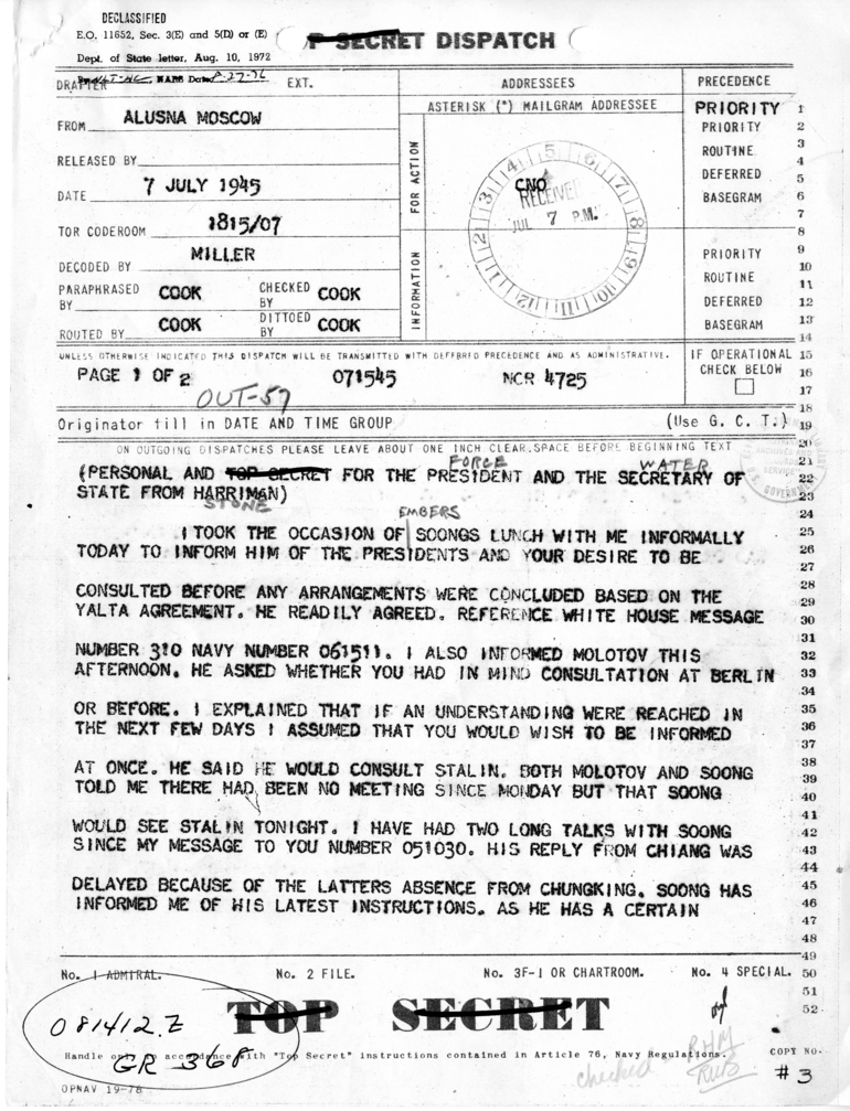 Telegram from Ambassador Harriman to President Harry S. Truman and Secretary of State James Byrnes [OUT-57]