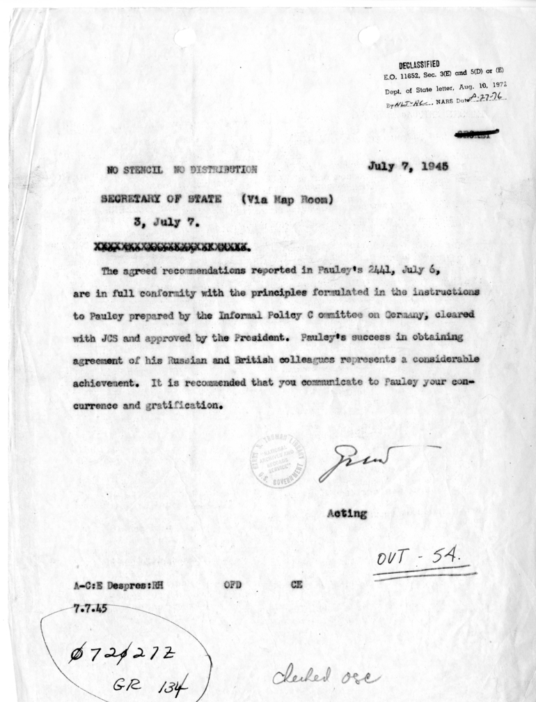 Telegram from the Acting Secretary of State to the Secretary of State [MR-OUT-54]