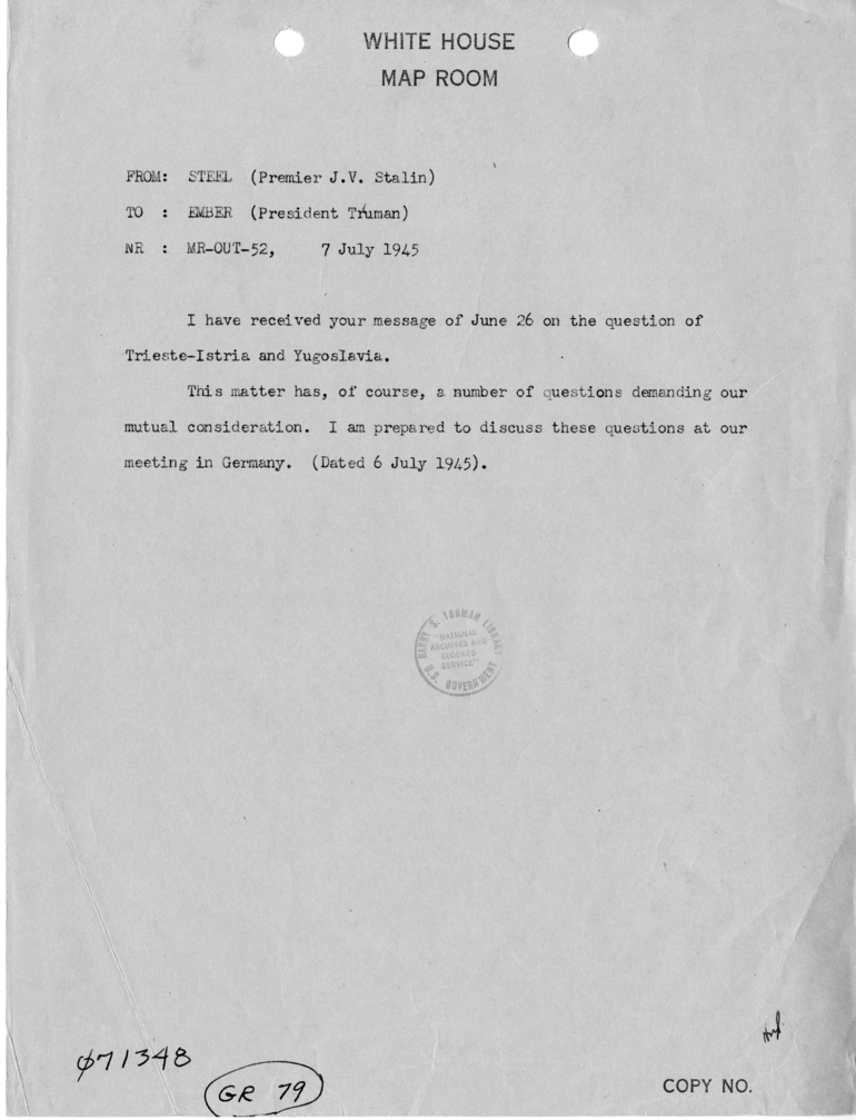 Telegram from Premier J.V. Stalin to President Harry S. Truman [MR-OUT-52]