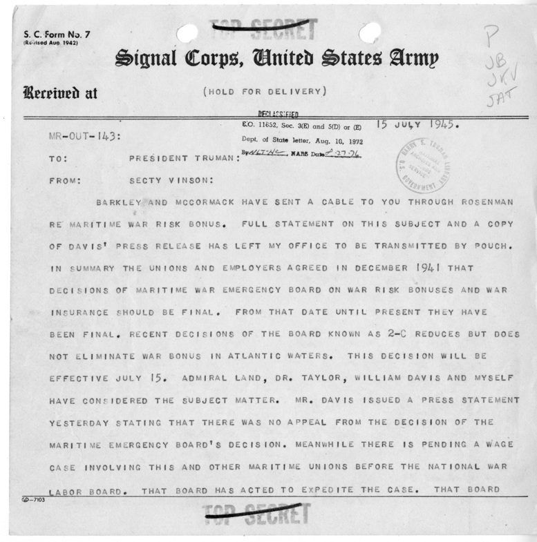 Memorandum from Secretary of Treasury Fred Vinson to President Harry S. Truman [MR-OUT-143]