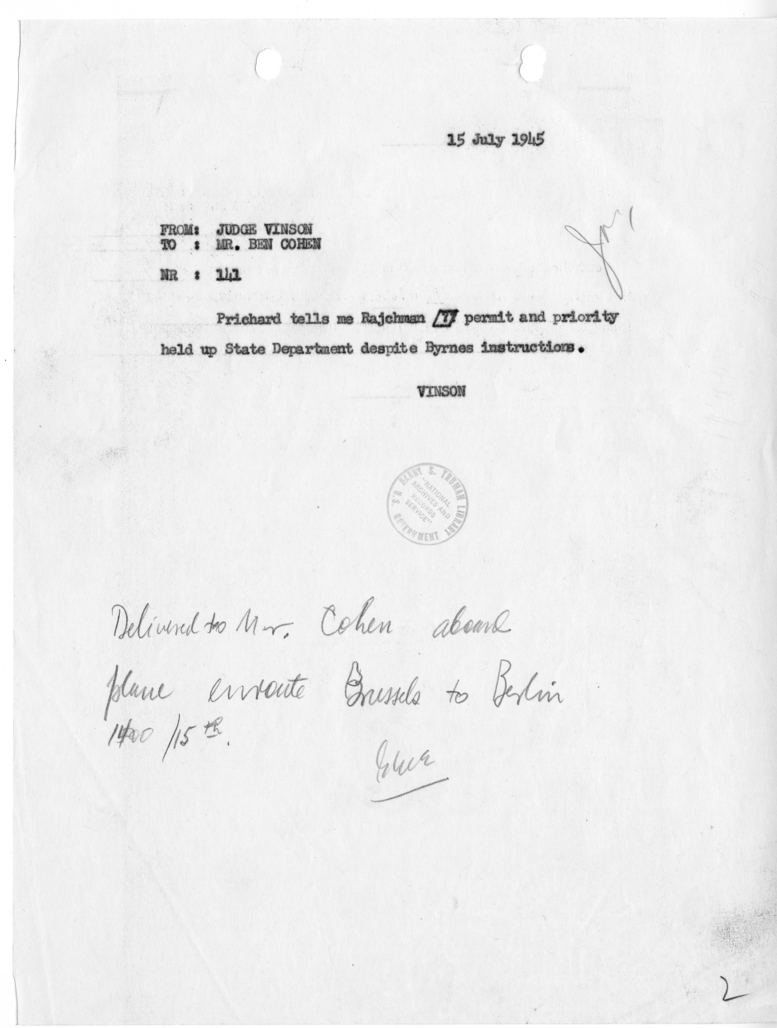 Memorandum from Fred Vinson to Benjamin Cohen [NR 141]