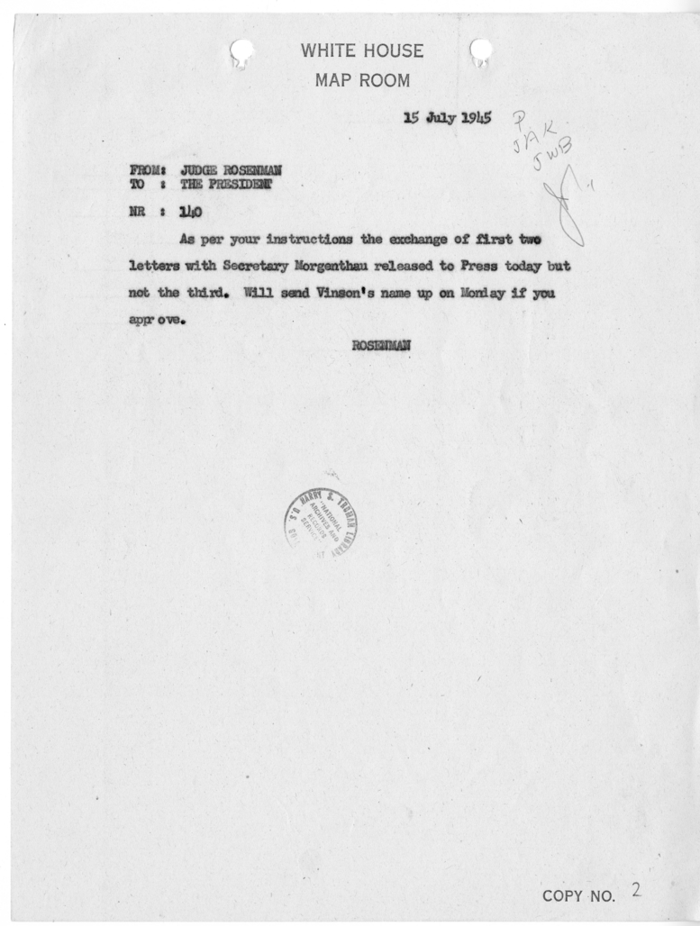 Memorandum from Samuel Rosenman to President Harry S. Truman [NR 140]