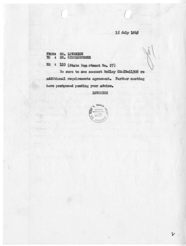 Telegram from Mr. Leverich to Mr. Riddleberger [NR 133]