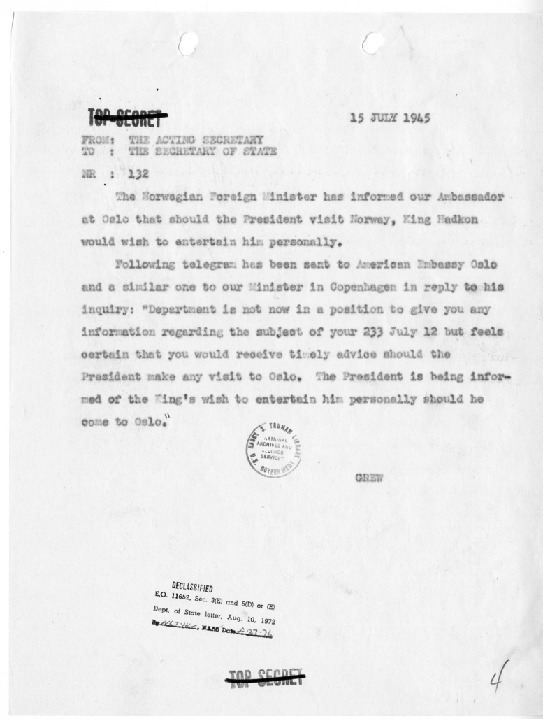 Telegram from Acting Secretary of State Joseph Grew to Secretary of State James Byrnes